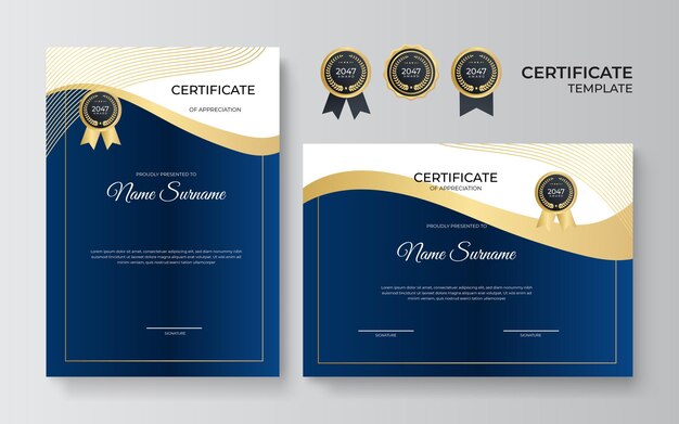 Multifunctioneel certificaat van waardering sjabloon met blauwe en gouden kleur, modern luxe grenscertificaatontwerp met gouden badge