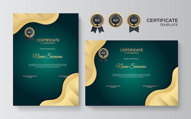 Multifunctioneel certificaat van waardering sjabloon met groene en gouden kleur, modern luxe grenscertificaatontwerp met gouden badge