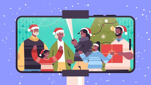 Vector multigenerational african american family in santa hats taking selfie photo on camera new year christmas holidays celebration concept smartphone screen horizontal portrait vector illustration