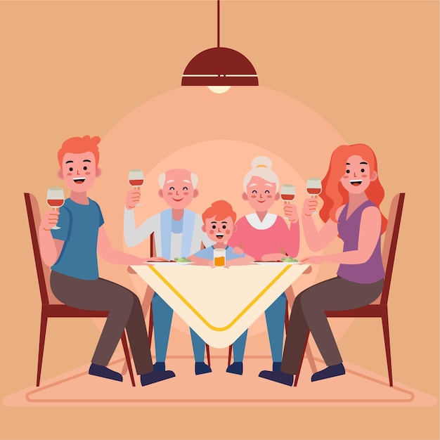 여러 세대 의 가족 들 이 따뜻 한 사랑 의 분위기 에서 집 에서 함께 저녁 식사를 즐기고 있다