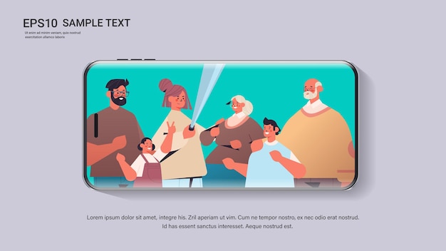 カメラで写真を撮る自撮り棒を使用して多世代家族スマートフォン画面コピースペース水平縦向きベクトルイラスト