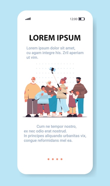 スマートフォンのカメラで写真を撮る自撮り棒を使用して多世代家族垂直全長コピースペースベクトルイラスト
