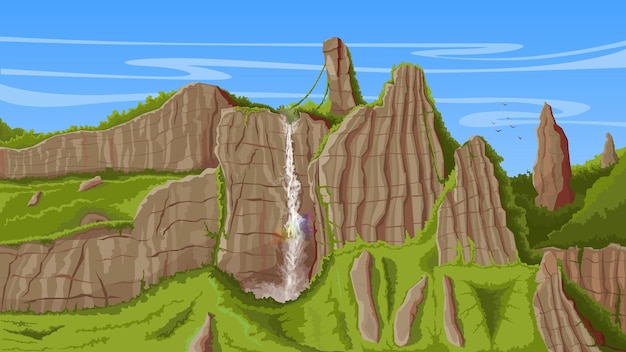 Multilevel landscape of mountains in the jungle panoramic view\
of rocks with waterfall wildlife scene artistic drawing vector\
illustration