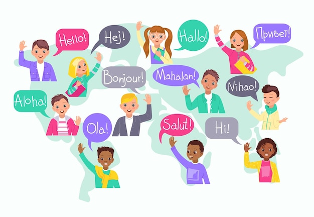 Multilingual hello kids different cultures communication children greet on various languages young foreigner students on word map background boys and girls vector cartoon flat concept