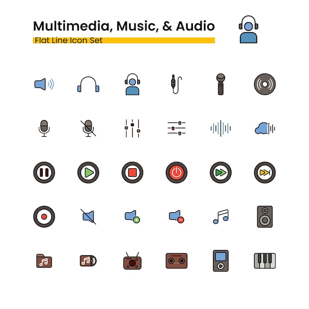 multimedia Audio Music and Sound flat line Icon Set