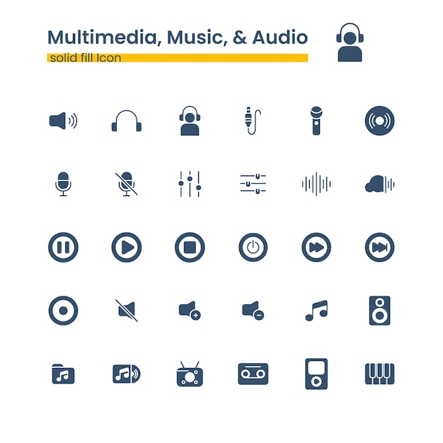 multimedia Audio Music and Sound solid glyph Icon Set