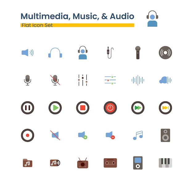 Multimedia Audio Muziek en Geluid platte Icon Set
