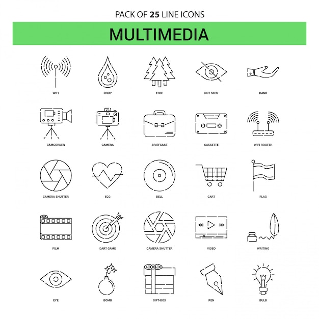 Multimedia  line icon set - 25 dashed outline style