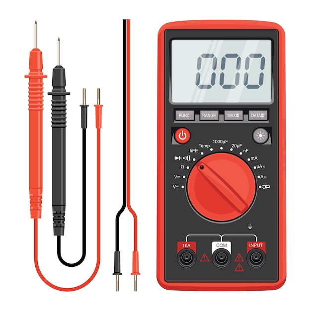 Vector multimeter elektrisch of elektronica in rode siliconen omhulsel, met sondes. elektricien elektrisch gereedschap. multimeter en stopcontact.