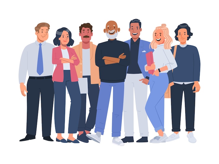 Vector multinationaal zakelijk team medewerkers bedrijf mannen vrouwen kantoorkleding standfull growth_ai_generated