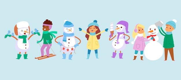 Vector multinational cartoon children making snowman and going to ski.