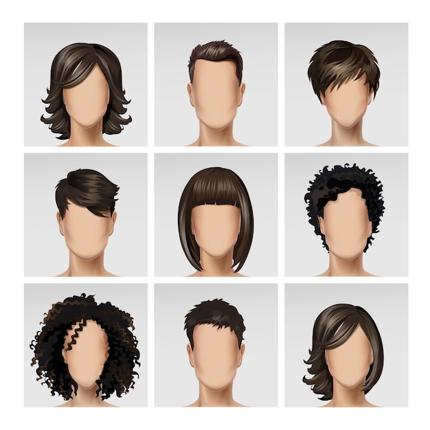 Vector multinational male female face avatar profile heads hairs icon set