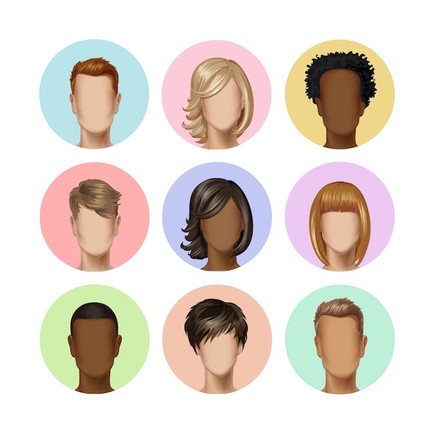 Vettore teste di profilo dell'avatar del maschio femminile multinazionale con l'immagine multicolore dell'icona dei capelli messa su fondo