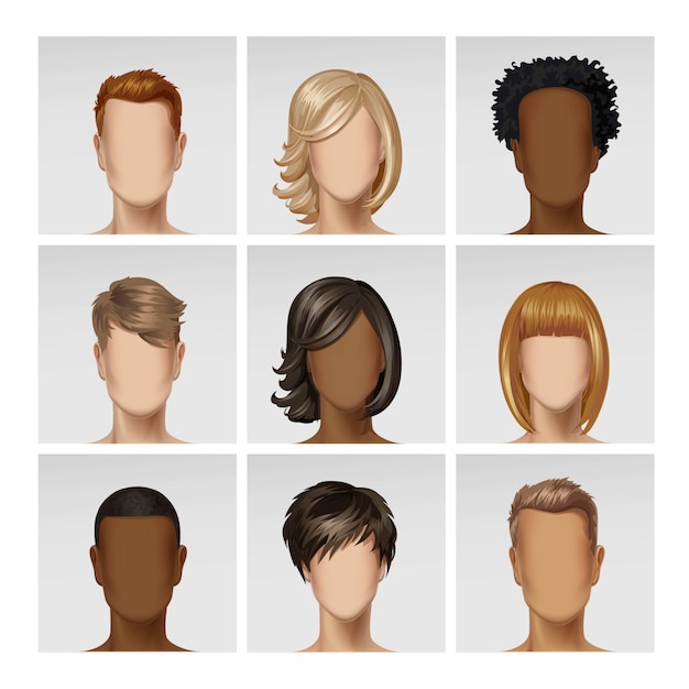 Teste di profilo avatar volto femminile multinazionale maschio