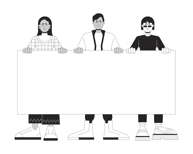 Многонациональные люди с пустым плакатом плоская линия черно-белые векторные символы март Редактируемый контур полного тела человек Протест простой мультфильм изолированная точка иллюстрация для веб-графического дизайна