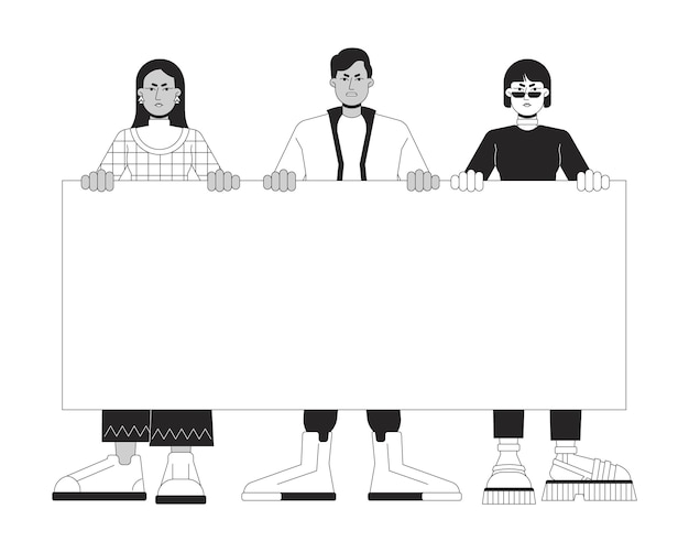빈 포스터를 들고 있는 다국적 사람들 평면선 검은색  ⁇ 색  ⁇ 터 문자 3월 편집 가능한 전체 신체 윤 ⁇  사람 시위 간단한 만화 고립된 스 ⁇  웹 그래픽 디자인을 위한 일러스트레이션