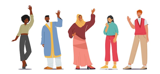 Vector multinational people waving hands, happy young male and female characters in traditional costumes greeting gesturing