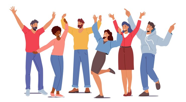 Vector multinationale gelukkige mensen verhogen en zwaaien handen, jonge mannelijke en vrouwelijke personages in casual kleding groet gebaren, positieve vriendelijke gebaren, lichaamstaal. cartoon vectorillustratie