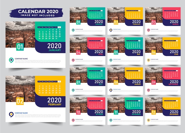 Vettore modello 2020 di calendario da tavolo a colori multipli