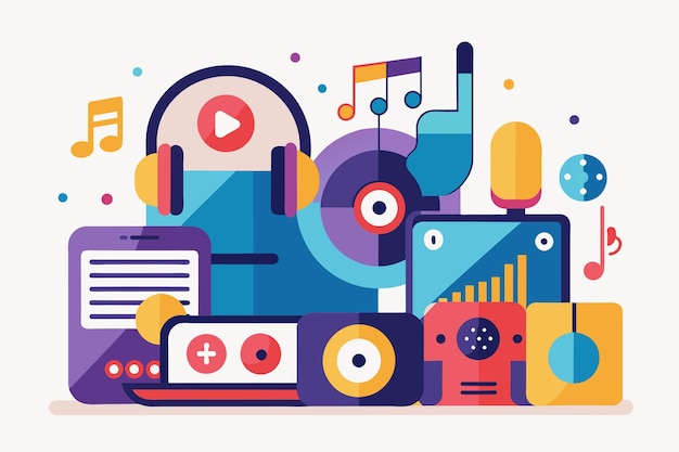 벡터 multiple electronic gadgets of various types arranged in a collection music media collection trending simple and minimalist flat vector illustration