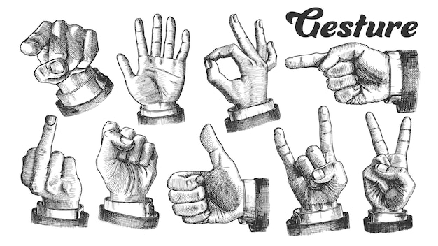 Vector multiple male caucasian hand gesture set.