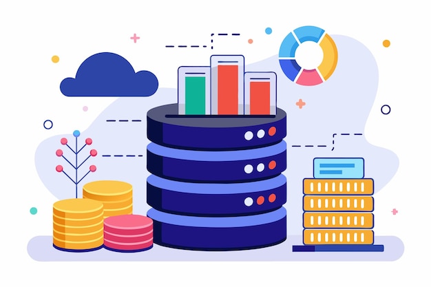 Vector multiple stacks of coins piled together in close proximity bigdata storage capacity analysis simple and minimalist flat vector illustration