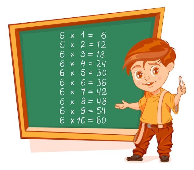 Multiplication by 6 table boy schoolboy stand by blackboard with chalk