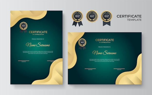 Modello di certificato multiuso di apprezzamento con colore verde e oro, design moderno di certificato di confine di lusso con distintivo d'oro