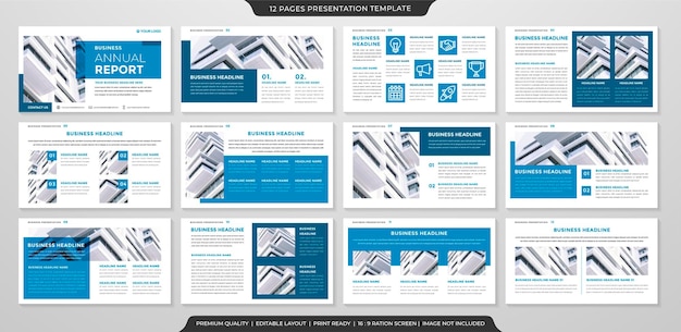 Design del modello di presentazione multiuso con uno stile pulito e un layout moderno per la relazione annuale