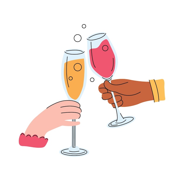 Multiracial couple in love hands holding champagne glasses man and woman different skin color cheers or drinking toasts for friendship and love partying of friends colored flat vector illustration