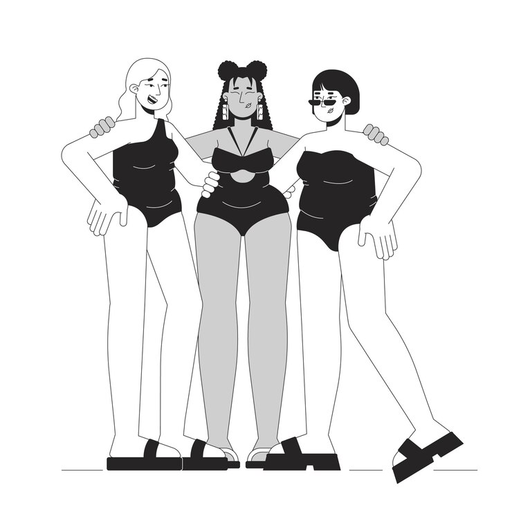 Vector multiracial curvy women best friends black and white 2d line cartoon characters