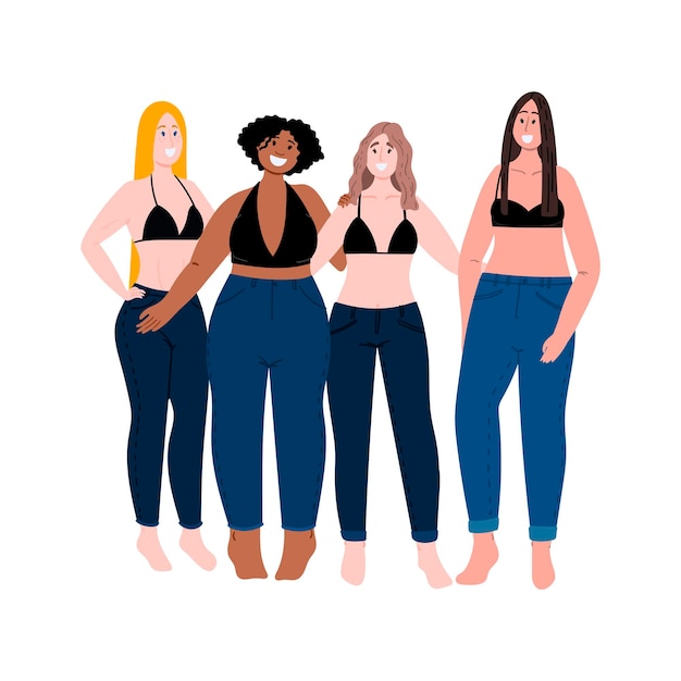 Vector multiracial group of women with different body shape high and weight