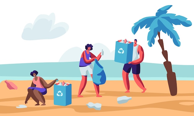 Multiracial Human Characters Picking Up Litter on Beach During Coastal Cleanup. Cartoon Flat  Illustration