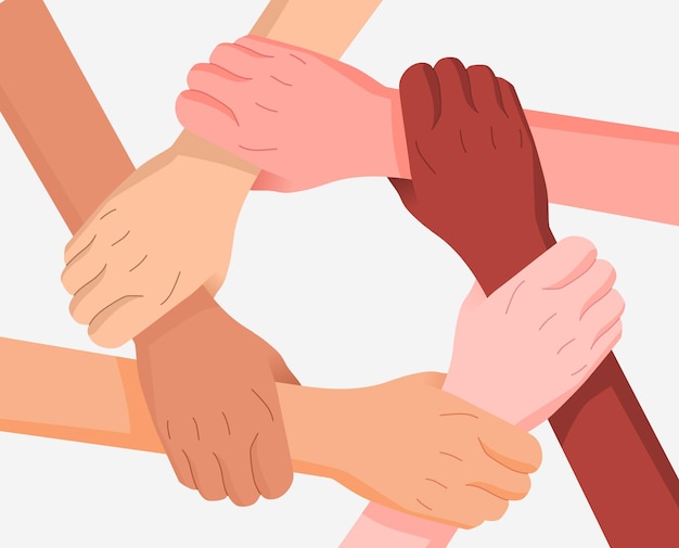 Vector multiracial human hands make circle cultural equity diversity togetherness concept round symbol of unity team group partnership leading support community