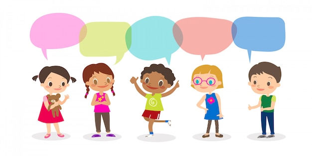 Multiracial kids with speech bubbles, set of diverse kids and different nationalities with speech bubbles isolated on white background, kids sharing idea concept. vector cartoon illustration