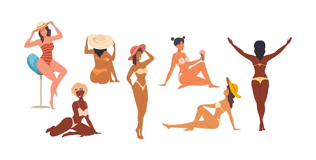 Vector multiracial woman in swimsuits different figure types carrying surfboard and air ball set