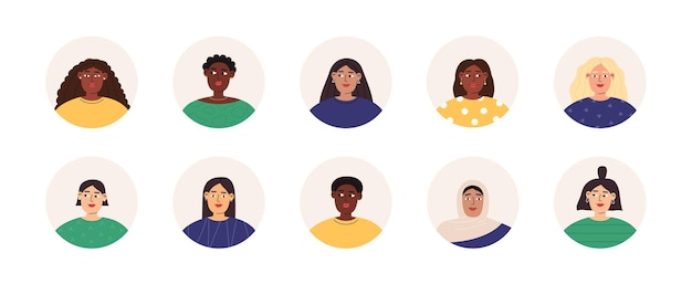 Multiracial women avatars set diverse women head portraits happy users in circles