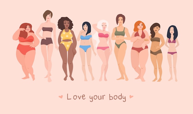 키, 체형, 크기가 다른 다인종 여성들이 수영복을 입고 일렬로 서 있습니다. 여성 만화 캐릭터. 몸의 긍정적인 움직임과 아름다움의 다양성. 벡터 일러스트 레이 션.