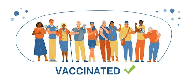 ワクチン接種を受けた多民族の若い男性と年配の男性と女性
