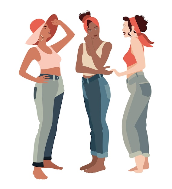 Vector multiraciale vrouwen gekleed in jeans en beha's blije meisjes lachend positief lichaam houd van je lichaam