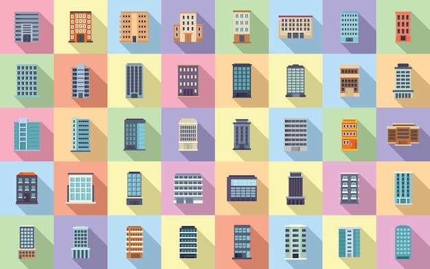 multistory building icons set flat vector architecture interior