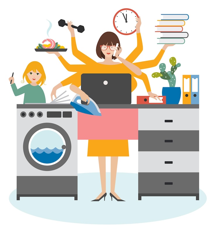 Vector multitask vrouw moeder zakenvrouw met kind werken koken en bellen platte vector