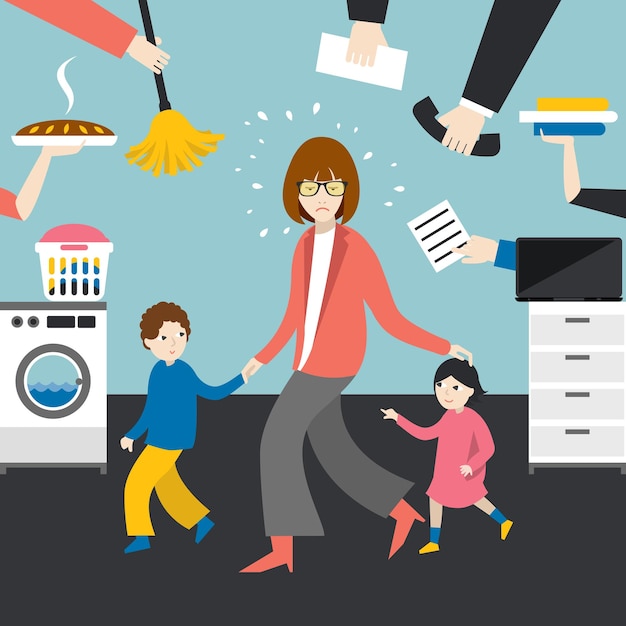 Vector multitask woman mother businesswoman with children working coocking and calling