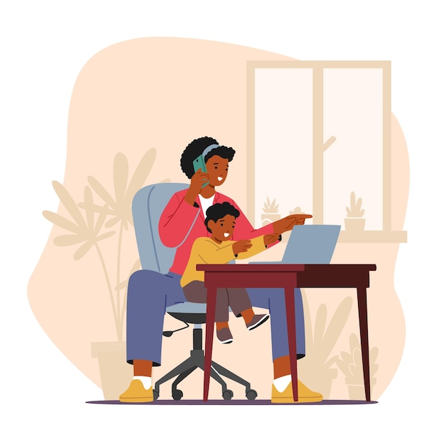 Vector multitasking black mom character juggling business tasks on her laptop while lovingly holding her child seamlessly balancing work and family responsibilities cartoon people vector illustration