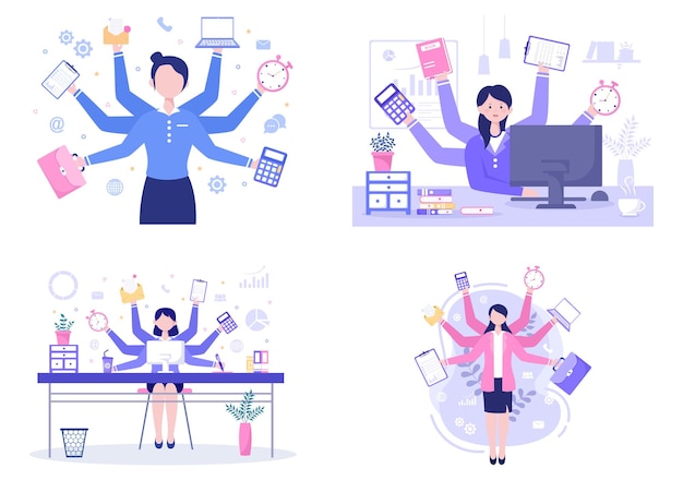 Vector multitasking business woman or man illustration