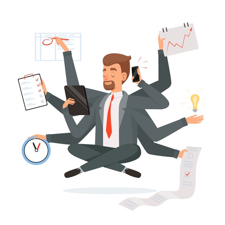 Vector multitasking businessman. office worker making much work with hands writing calling reading yoga meditation  concept character