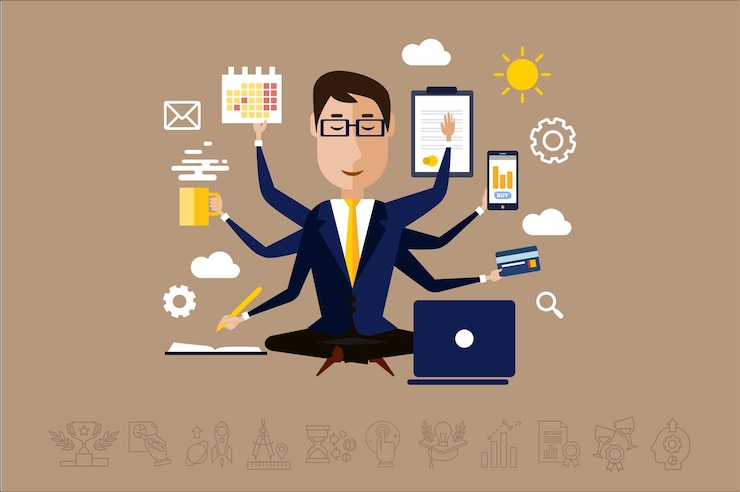 Vector multitasking businessman with many hands time management concept vector illustration in flat style web design