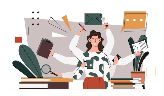 Vector multitasking businesswoman concept woman with many hands hardworking worker and employee