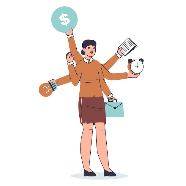 Multitasking female person busy office worker productive juggle woman flat vector illustration