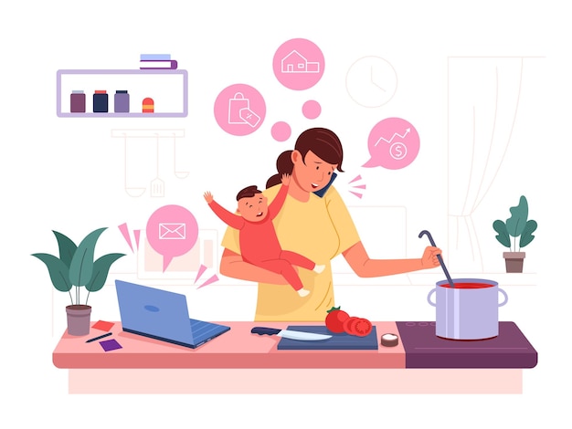 Multitasking mom Busy mother with baby woman task work home family stress distracted kitchen cooking housewife management parent chaos children kid flat garish vector